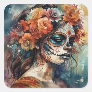 Sticker Carré Portrait de Catrina Día de los Muertos à l'aquarel