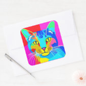 Sticker Carré Portrait de chat Pop Art multicolore (Enveloppe)
