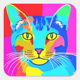 Sticker Carré Portrait de chat Pop Art multicolore