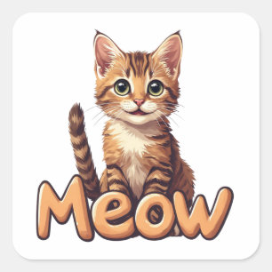 Sticker Carré Portrait de chat tabby mignon avec texte Meow pour