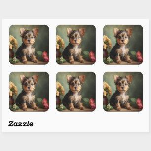 Sticker Carré Portrait de chien vintage adorable chiot Yorkshire