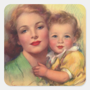Sticker Carré Portrait de famille vintage de mère et d'enfant