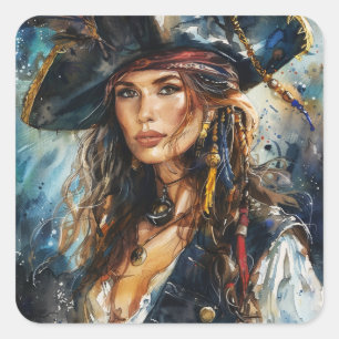 Sticker Carré Portrait de femme pirate à l'aquarelle