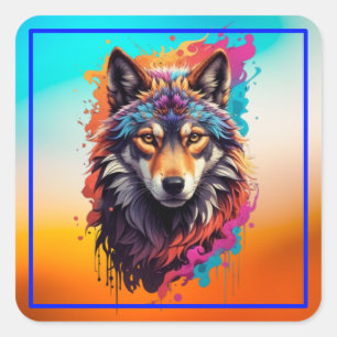 Sticker Carré Portrait de Loup Coloré Art Animalier Abstrait-876