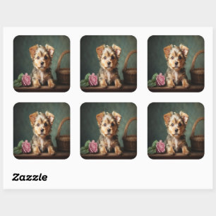 Sticker Carré Portrait de rose de terrier de Yorkshire de chiot 