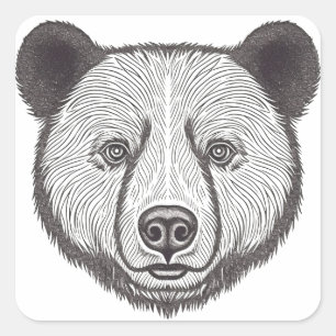 Sticker Carré Portrait d'ours noir et blanc Cute Stencil Art