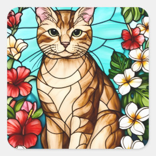 Sticker Carré Portrait Félin Artistique Parmi les Fleurs Tropica