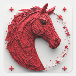 Sticker Carré Portrait géométrique de cheval en rouge et blanc v