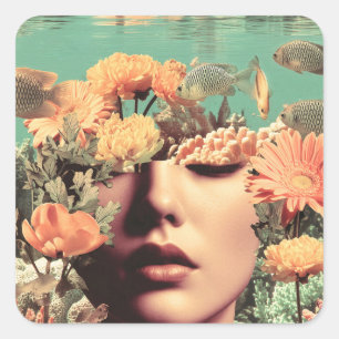 Sticker Carré Portrait sous-marin surréaliste avec des fleurs de