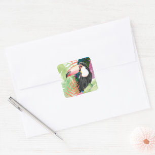Sticker Carré Portrait toucan avec Feuilles tropicaux