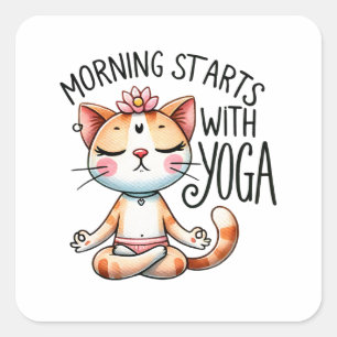 Sticker Carré Pose De Yoga Chat - Matin Commence Avec Le Yoga