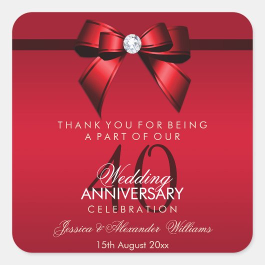 Sticker Carré Posh Gem Bow & Ribbon 40e anniversaire de Mariage (Devant)