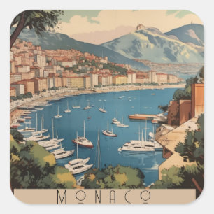 Sticker Carré Poster Vintage voyage surplombant le port de Monac