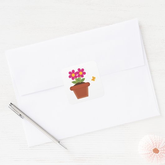 Sticker Carré Pot de fleurs rose avec papillon