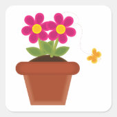 Sticker Carré Pot de fleurs rose avec papillon (Devant)