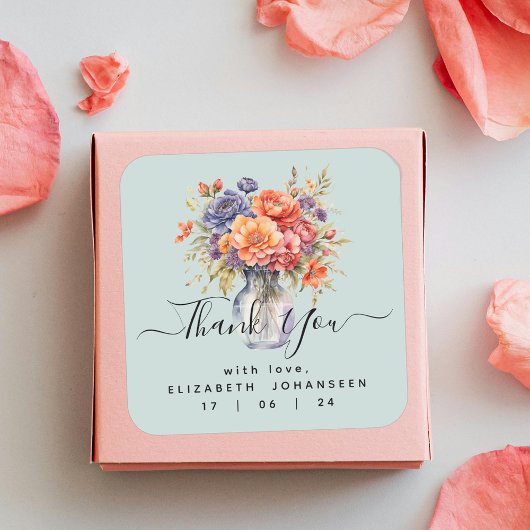 Sticker Carré Pot de fleurs sauvages aquarelle rustique Merci Ja