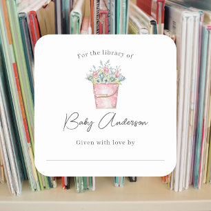 Sticker Carré Pot rose de Fleurs Baby shower plaque