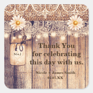 Sticker Carré Pots de Mason Lumière Rustique Daisies & Mariage d