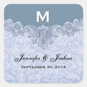 Sticker Carré Poudre Bleu Vintage Noms de mariage Date