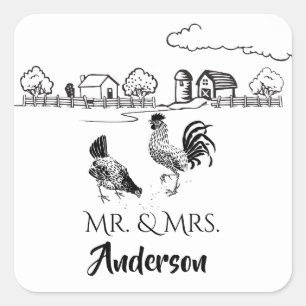 Sticker Carré Poules personnalisées Monsieur et Madame Coq Ferme