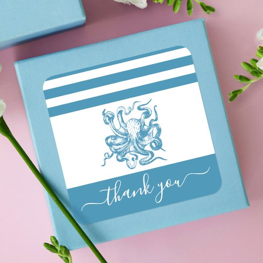 Sticker Carré Poulpe bleu turquoise plage merci script