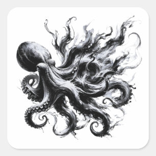 Sticker Carré Poulpe Kraken Fluide Encre Abstraite