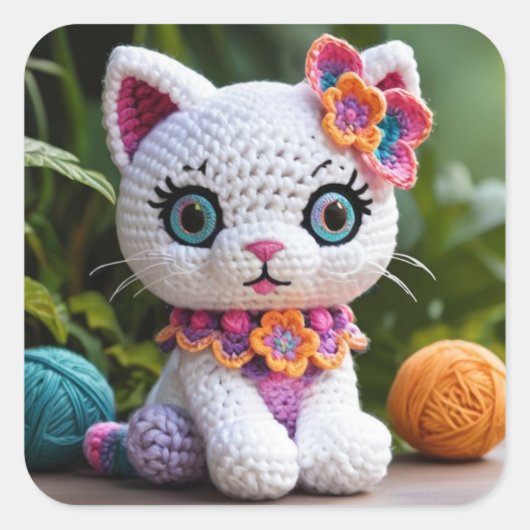 Sticker Carré Poupée de crochet Kitty Amigurumi Couleurs pastel (Devant)