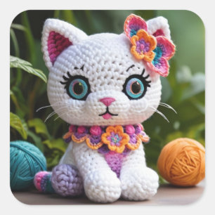 Sticker Carré Poupée de crochet Kitty Amigurumi Couleurs pastel