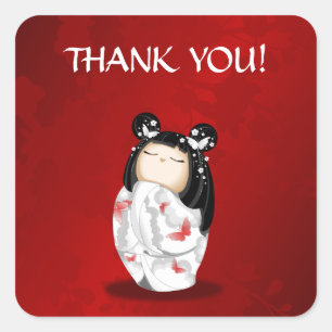 Sticker Carré Poupée Kokeshi Rouge Noir Et Blanc Merci