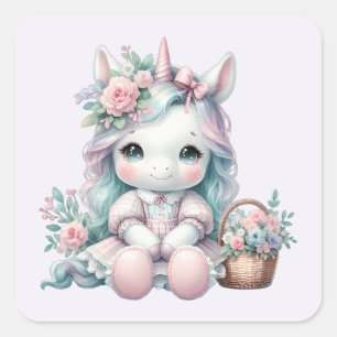 Sticker Carré Poupée Licorne Kawaii Pastel avec Panier de Fleurs