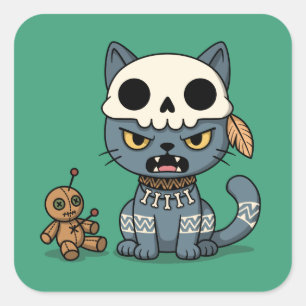 Sticker Carré Poupée vaudou de chat sorcière sur fond vert