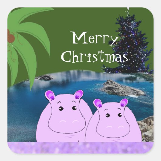 Sticker Carré pour hippopotames prêt pour Noël (Devant)