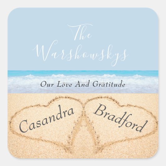 Sticker Carré Poussière Chic Mariage de plage Bleu 2 Cœurs dans (Devant)