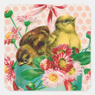 Sticker Carré Poussins vintages avec Oeufs de Pâques Salutation