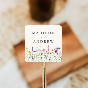 Sticker Carré Prairie Élégante de Fleurs Sauvages Crème Mariage