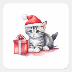 Sticker Carré Précieux gris et blanc Père Noël Kitten