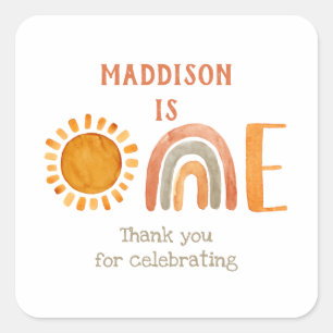 Sticker Carré Premier anniversaire aquarelle Boho arc-en-ciel et