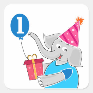 Sticker Carré Premier éléphant d'anniversaire avec ballon