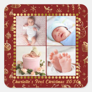 Sticker Carré Premier Noël de bébé Magique Flocons de Neige en O