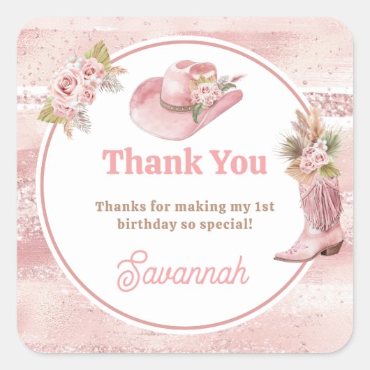 Sticker Carré Premier Rodéo Boho Rose 1er Anniversaire (Devant)