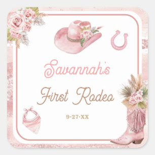 Sticker Carré Premier Rodéo Boho Rose 1er Anniversaire