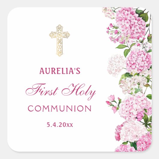 Sticker Carré Première communion à l'hydrangea rose (Devant)