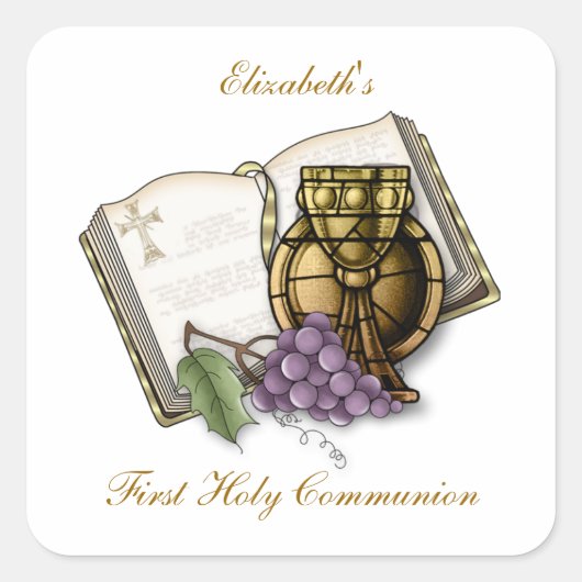 Sticker Carré Première communion Chalice, Bible, Raisins (Devant)