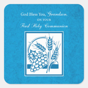Sticker Carré Première communion du petit-fils Bleu, Blé, Raisin