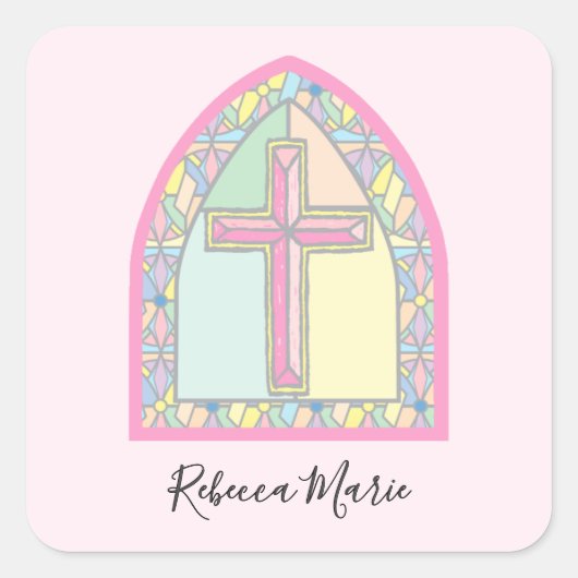 Sticker Carré Première communion en verre rose (Devant)