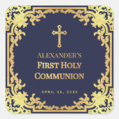 Sticker Carré Première communion Marine Bleu Élégant Garçon Faux (Devant)