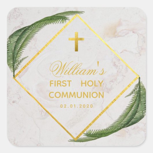 Sticker Carré Première Communion Verdure Faux Gold Marble Fern (Devant)