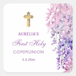 Sticker Carré Première communion Wisteria aquarelle