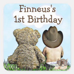 Sticker Carré Premiers cowboy d'anniversaire et ours de nounours