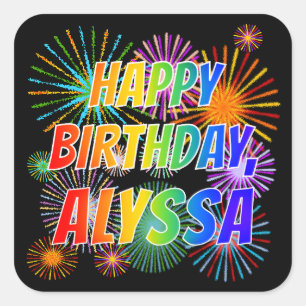 Sticker Carré Prénom "ALYSSA", Amusant "HEUREUX ANNIVERSAIRE"